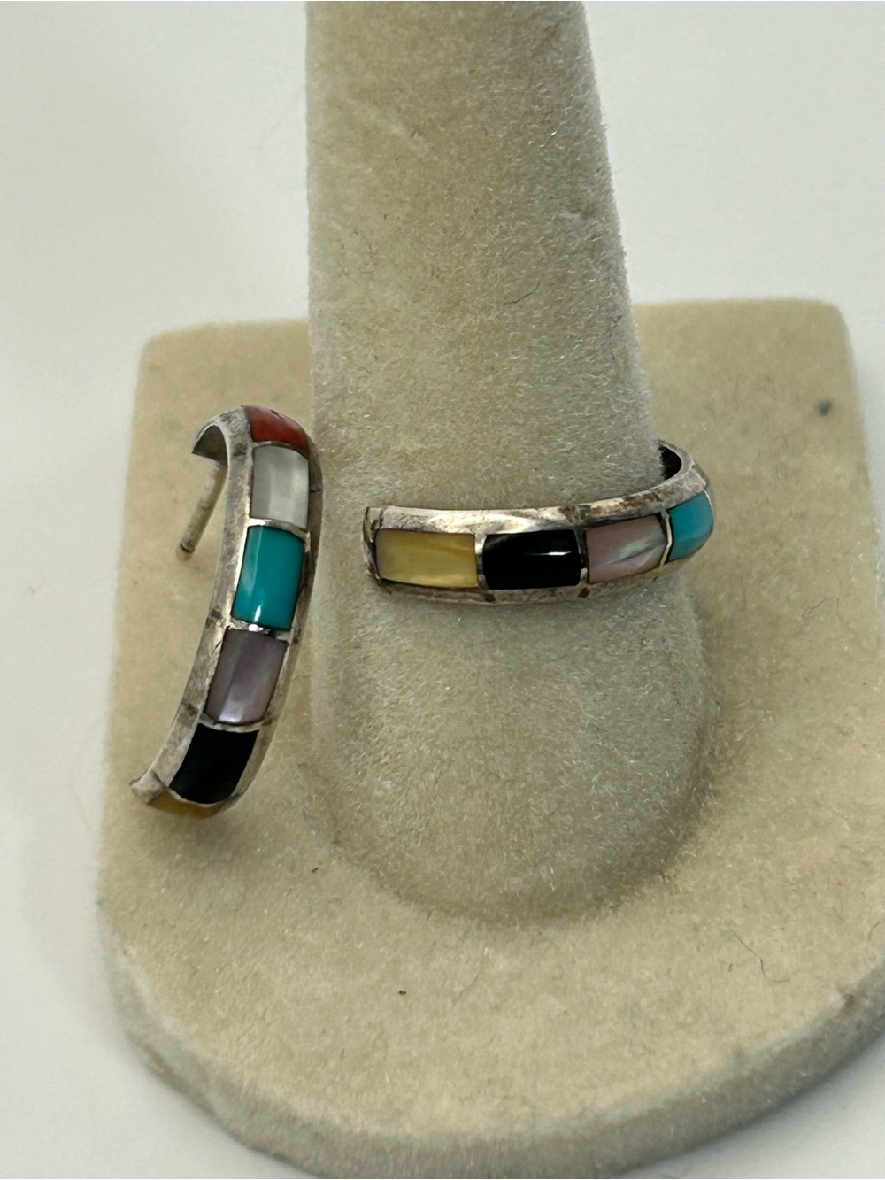 Native American Silver Channel Inlay Earrings Turquoise Coral 3/4" Vintage